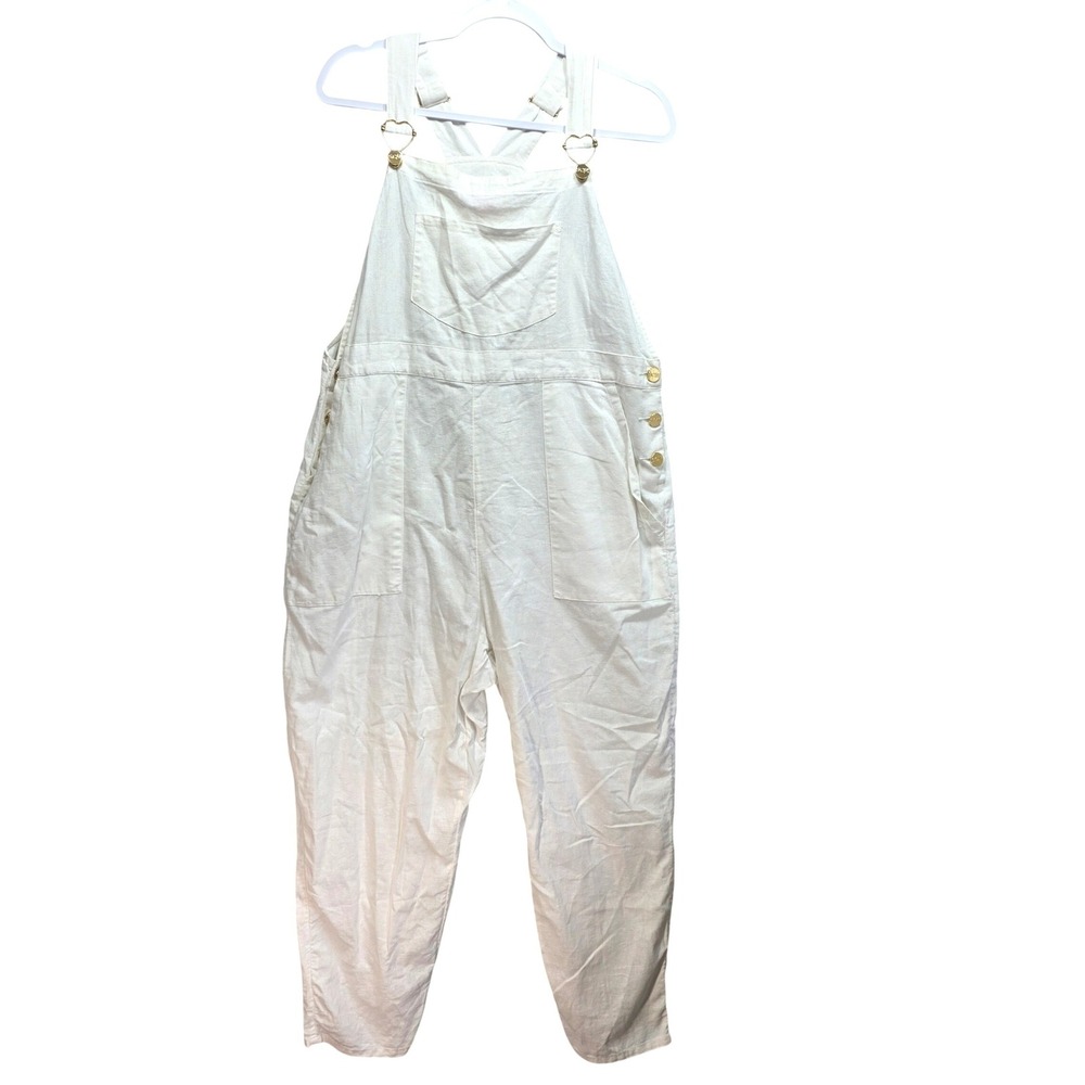 Stoney Clover Lane Overalls Womens L Linen Blend Gold Heart Hardware White Bibs